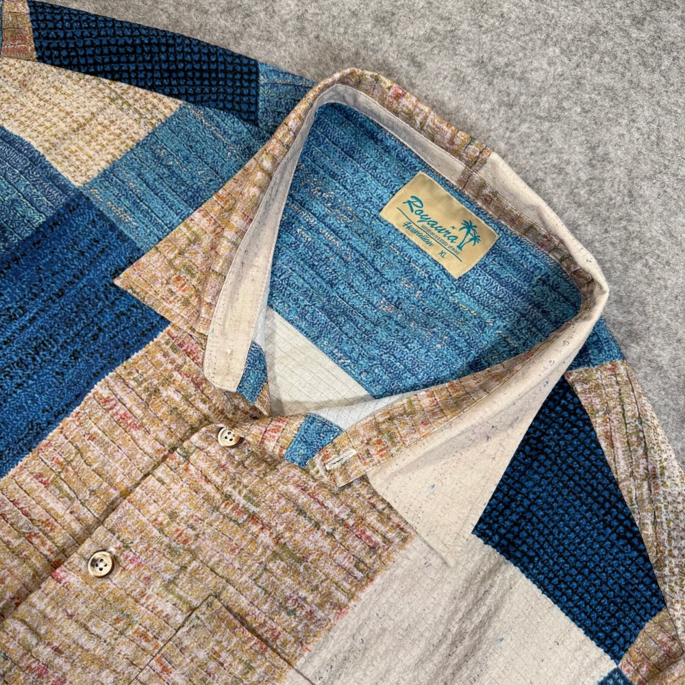 Royaura Hawaiian Shirt Mens XL Blue Tan Patchwork Short Sleeve Button Up
